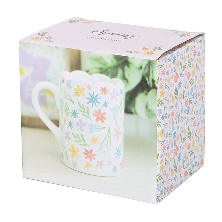 Spring Floral Print Scalloped Ceramic Mug - Delicate Pastel Blooms on a Unique Scallop Rim Coffee Mug