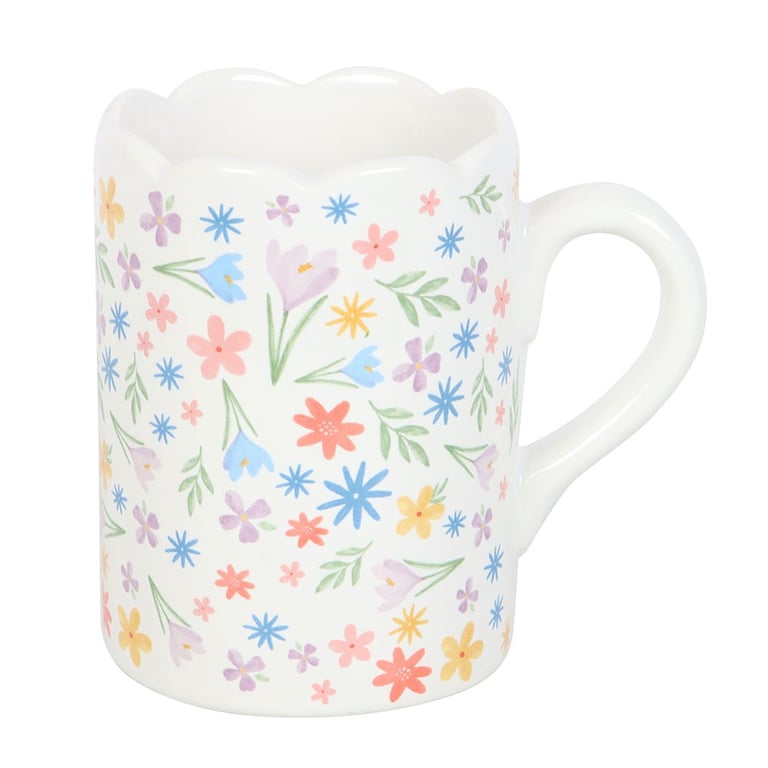 Spring Floral Print Scalloped Ceramic Mug - Delicate Pastel Blooms on a Unique Scallop Rim Coffee Mug