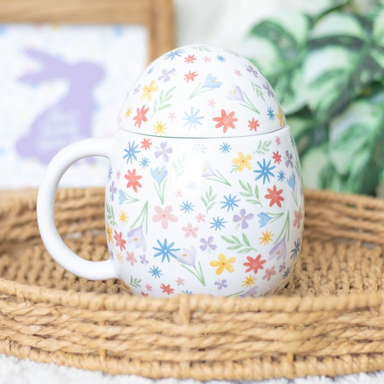 Ceramic Spring Floral Egg Shaped Lidded Mug