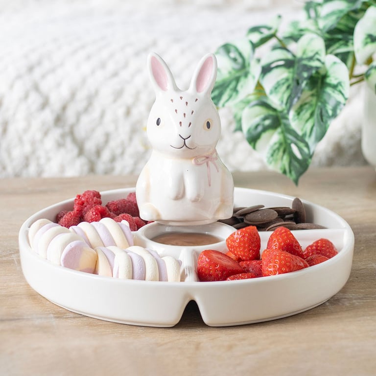 Easter Bunny Chip & Dip Ceramic Snack Plate - Handwash Only, Springtime Partyware