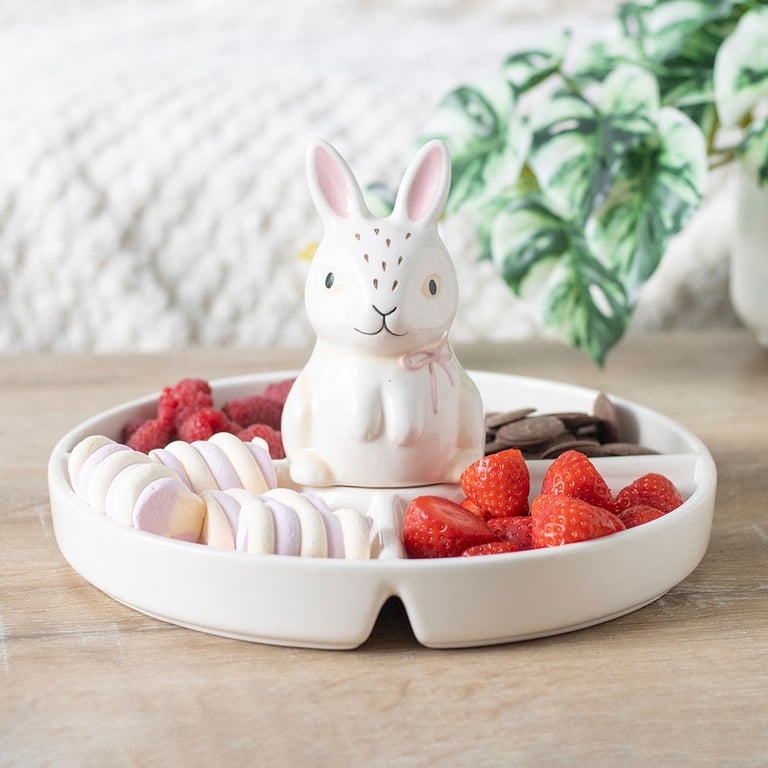 Easter Bunny Chip & Dip Ceramic Snack Plate - Handwash Only, Springtime Partyware