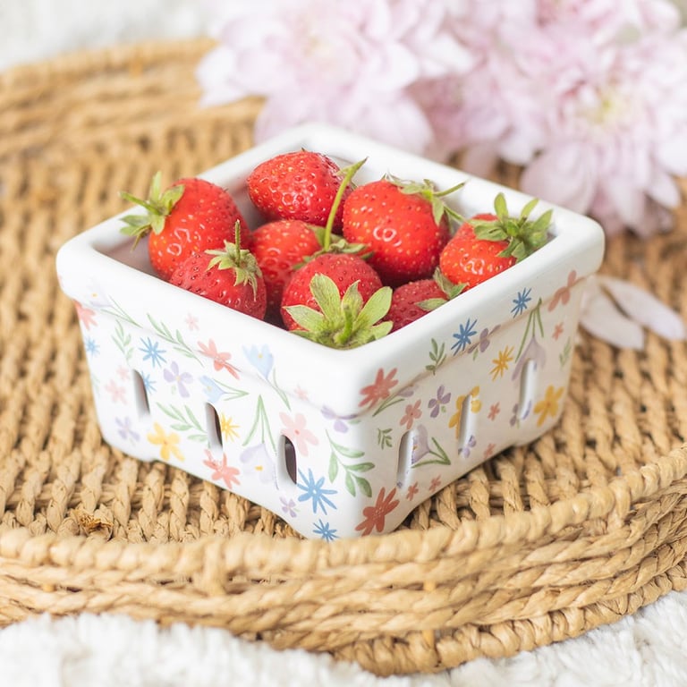 Spring Floral Print Ceramic Berry Basket - Kitchen Organizer & Fridge Storage