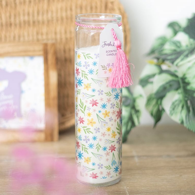 Spring Floral Print Fresh Linen Tube Candle - 50 Hour Burn Time Home Decor Scent