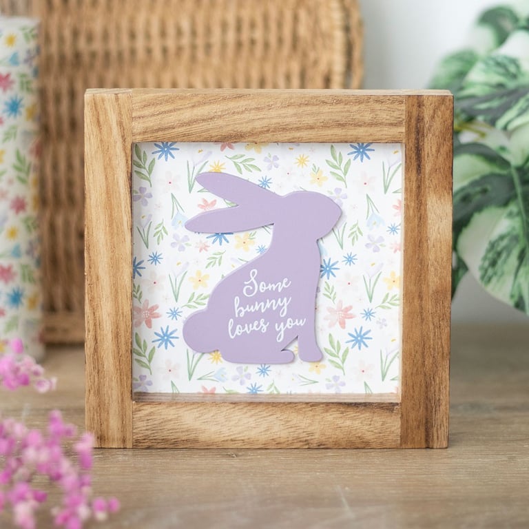 Wooden Frame Sign - Some Bunny Loves You Easter Decor with Floral Background