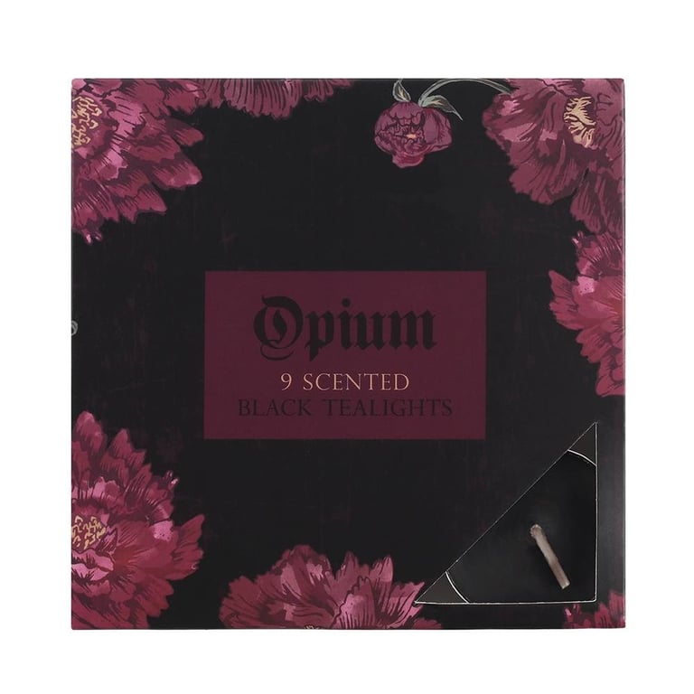 Opium Scented Black Tealights - 3 Hour Paraffin Wax Candles in Floral Design Packaging