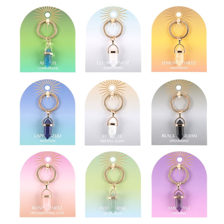 Crystal Healing Keyrings Set - 9 Crystal Point Pendants with Gold-Tone Keyring