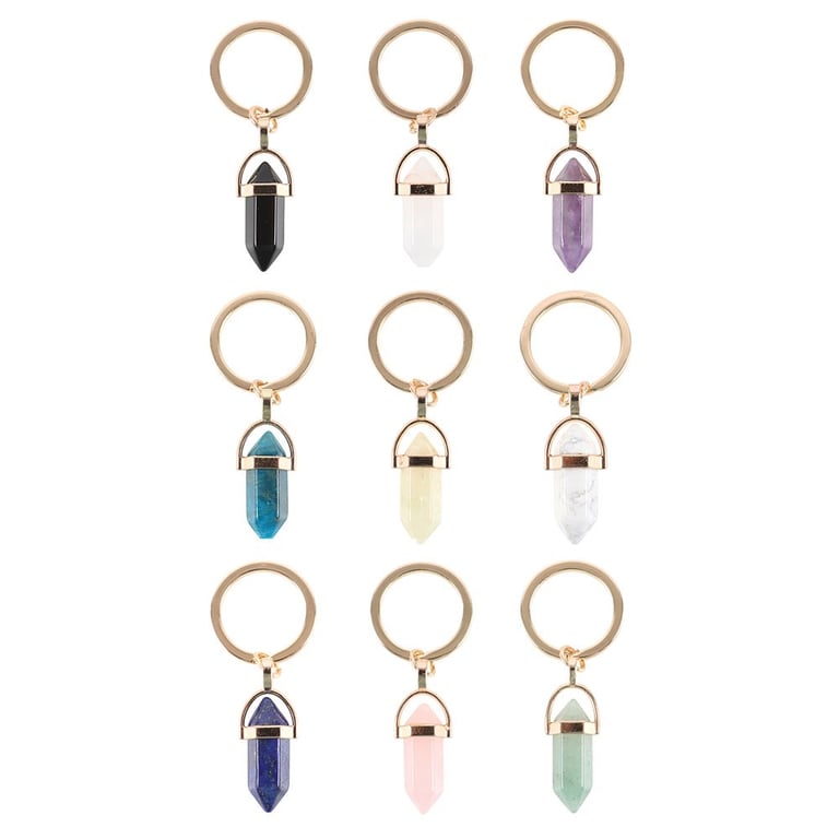 Crystal Healing Keyrings Set - 9 Crystal Point Pendants with Gold-Tone Keyring