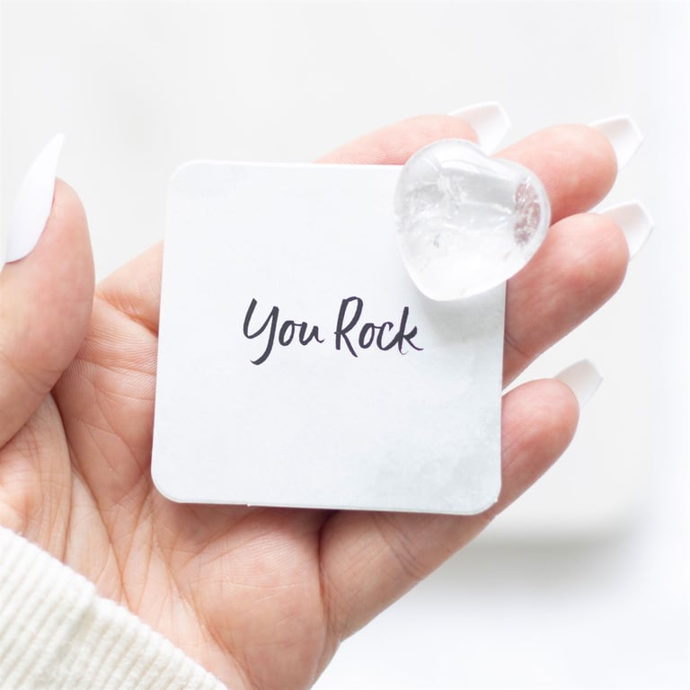 Clear Quartz Crystal Heart - Positive Energy Charm with You Rock Sentiment Card