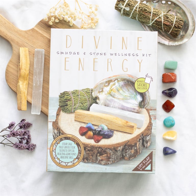 Divine Energy Smudge and Stone Wellness Kit - Crystal Healing Stones and Meditation Set with Abalone Shell Smudge Tool