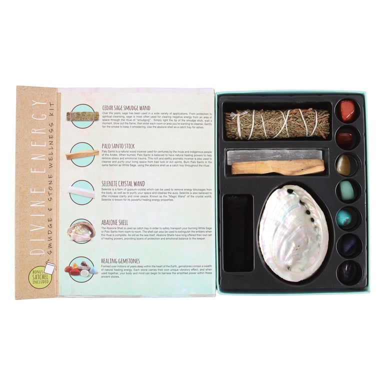 Divine Energy Smudge and Stone Wellness Kit - Crystal Healing Stones and Meditation Set with Abalone Shell Smudge Tool