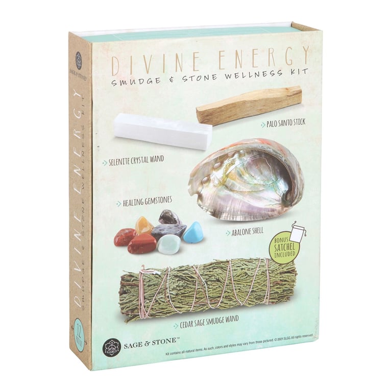 Divine Energy Smudge and Stone Wellness Kit - Crystal Healing Stones and Meditation Set with Abalone Shell Smudge Tool