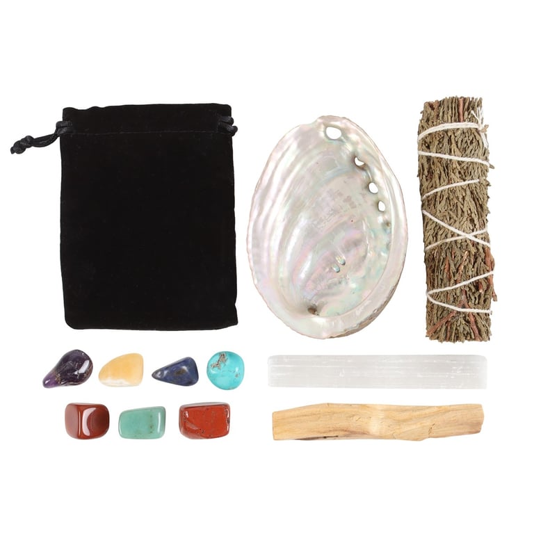 Divine Energy Smudge and Stone Wellness Kit - Crystal Healing Stones and Meditation Set with Abalone Shell Smudge Tool