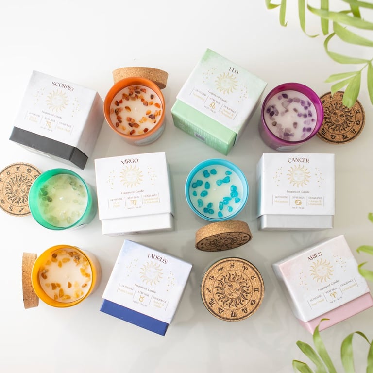 Zodiac Gemstone Candles Set - 12 Fragranced Astrology Crystals in Paraffin Wax