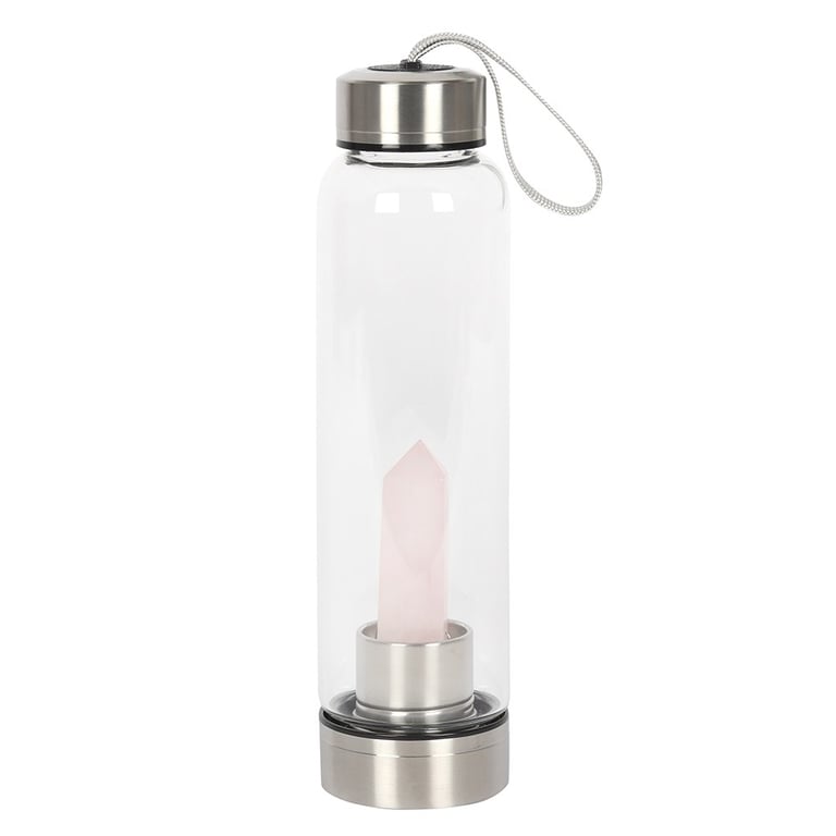 Rose Quartz Purifying Glass Water Bottle - 532ml Crystal Infused Bottle with Easy Clean Screw Off Base and Neoprene Cover