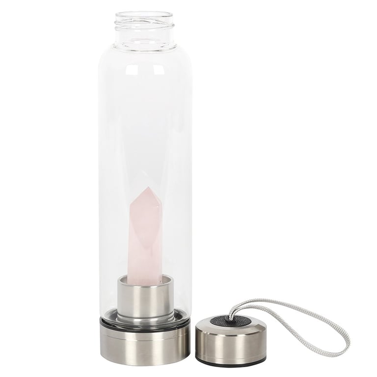 Rose Quartz Purifying Glass Water Bottle - 532ml Crystal Infused Bottle with Easy Clean Screw Off Base and Neoprene Cover