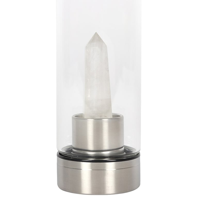Clear Quartz Energising Glass Water Bottle - 532ml, Easy Clean Design with Screw Off Base and Protective Neoprene Cover