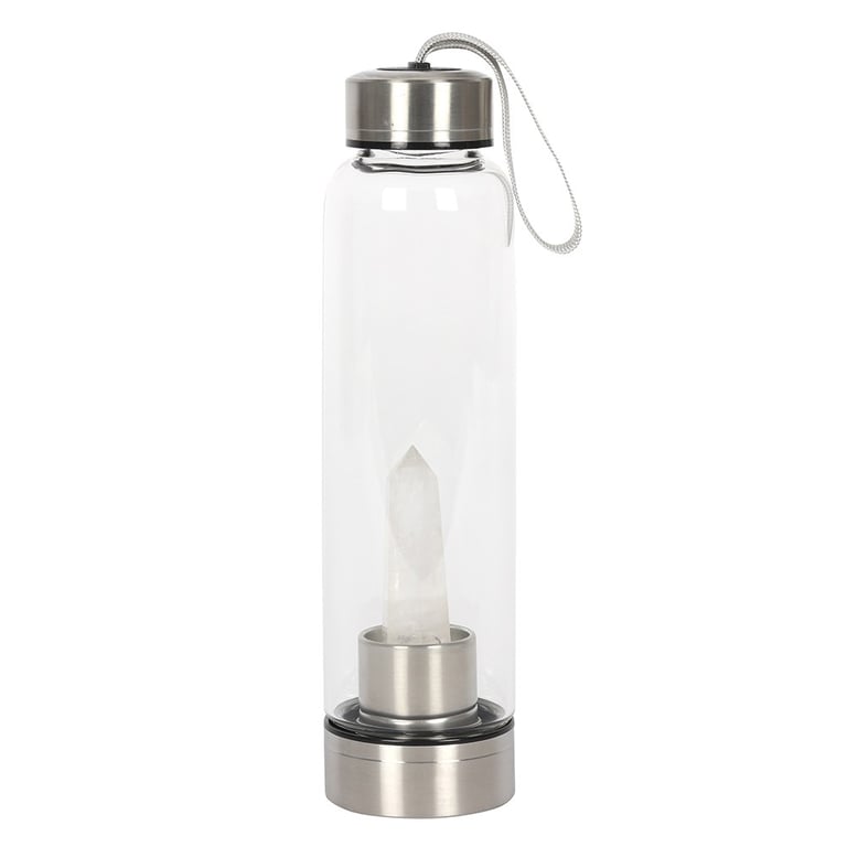 Clear Quartz Energising Glass Water Bottle - 532ml, Easy Clean Design with Screw Off Base and Protective Neoprene Cover