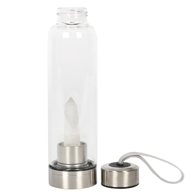 Clear Quartz Energising Glass Water Bottle - 532ml, Easy Clean Design with Screw Off Base and Protective Neoprene Cover