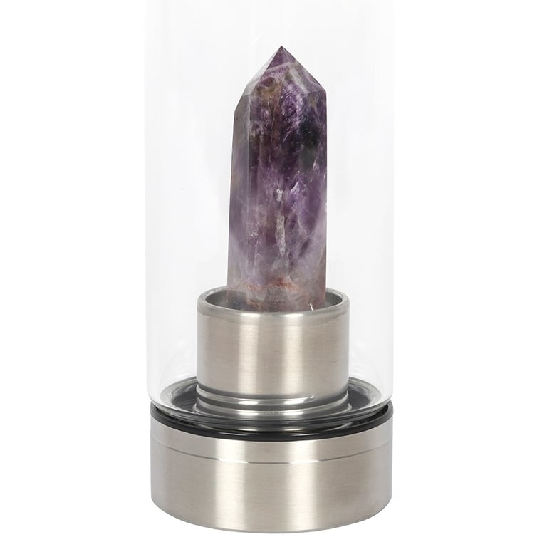 Amethyst Calming Glass Water Bottle - 532ml Crystal Infused Design with Easy Clean Screw Off Base and Neoprene Cover
