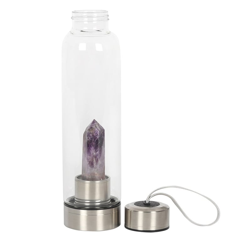 Amethyst Calming Glass Water Bottle - 532ml Crystal Infused Design with Easy Clean Screw Off Base and Neoprene Cover