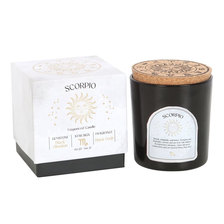 Scorpio Black Oudh Zodiac Candle with Obsidian Gemstone - Emotional Balance and Growth