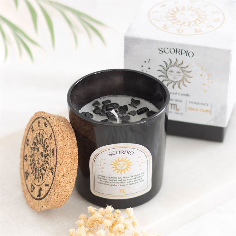 Scorpio Black Oudh Zodiac Candle with Obsidian Gemstone - Emotional Balance and Growth