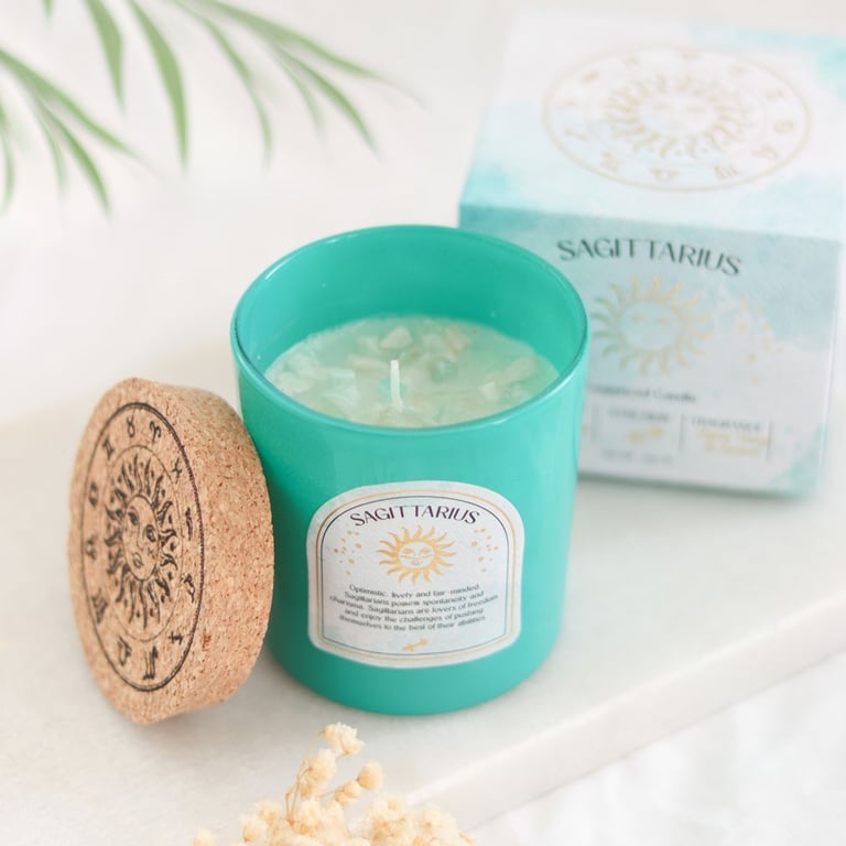 Sagittarius Ylang Ylang & Amber Zodiac Candle - Amazonite Gemstone for Positive Energy and Bravery