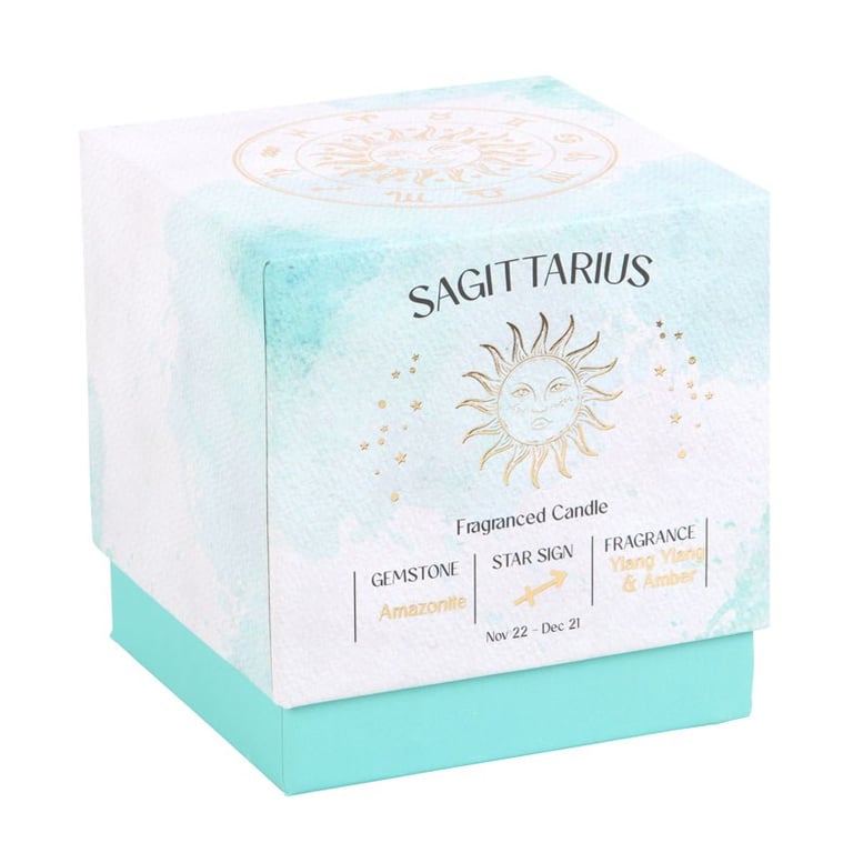 Sagittarius Ylang Ylang & Amber Zodiac Candle - Amazonite Gemstone for Positive Energy and Bravery