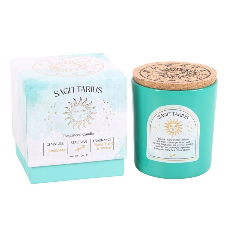 Sagittarius Ylang Ylang & Amber Zodiac Candle - Amazonite Gemstone for Positive Energy and Bravery