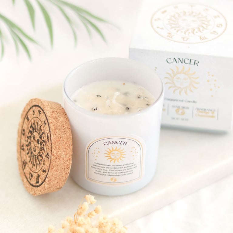 Cancer Zodiac Candle - Orange Chamomile Fragrance with Moonstone Healing Stone