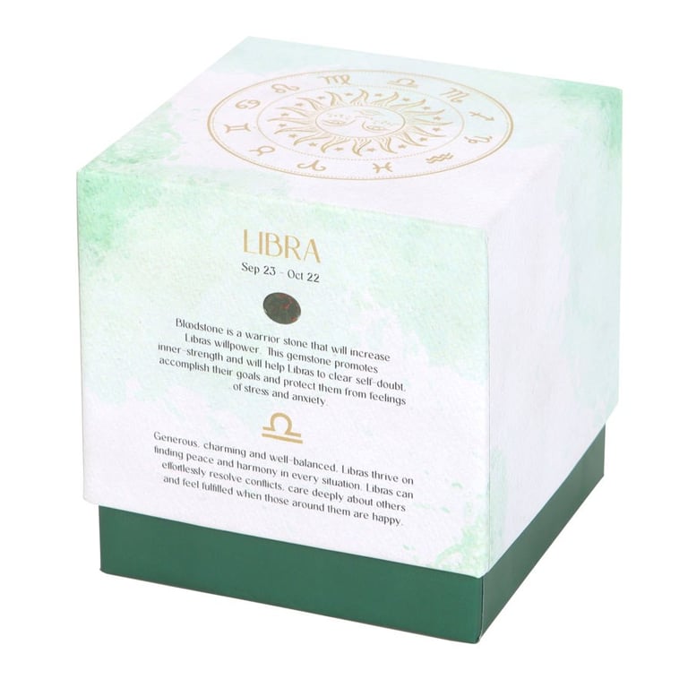Libra Zodiac Candle - Sweet Jasmine Fragrance & Bloodstone Chips for Inner Strength and Anxiety Relief