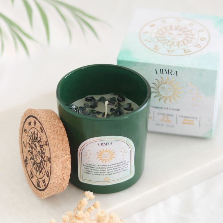 Libra Zodiac Candle - Sweet Jasmine Fragrance & Bloodstone Chips for Inner Strength and Anxiety Relief