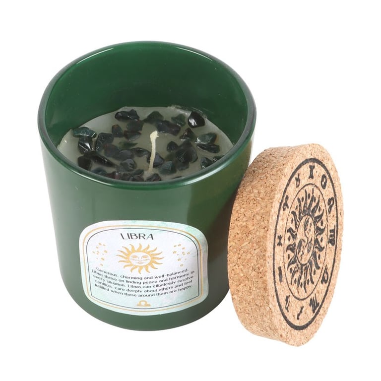 Libra Zodiac Candle - Sweet Jasmine Fragrance & Bloodstone Chips for Inner Strength and Anxiety Relief