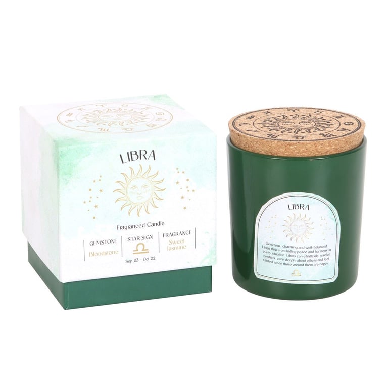 Libra Zodiac Candle - Sweet Jasmine Fragrance & Bloodstone Chips for Inner Strength and Anxiety Relief