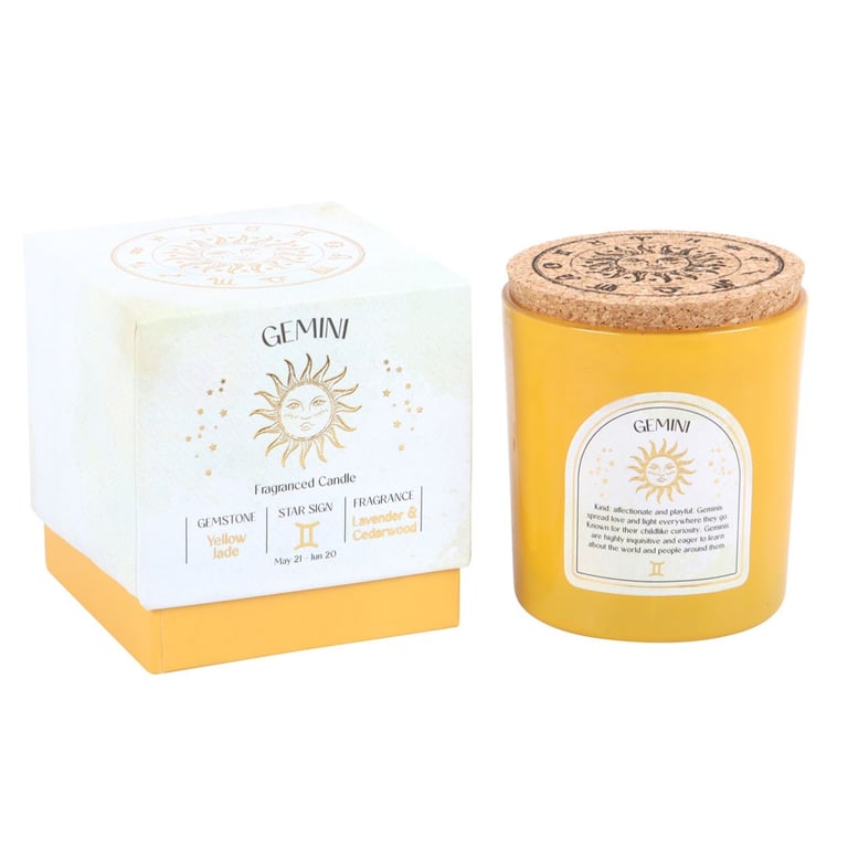 Gemini Zodiac Candle - Lavender & Cedarwood Fragrance with Yellow Jade Gemstone