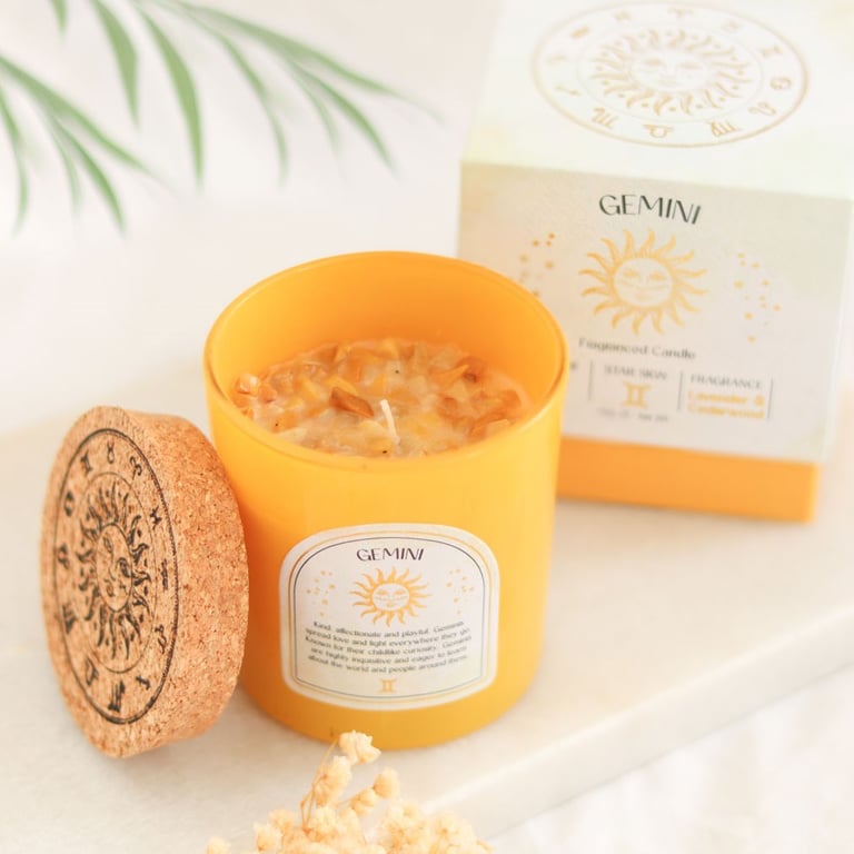Gemini Zodiac Candle - Lavender & Cedarwood Fragrance with Yellow Jade Gemstone