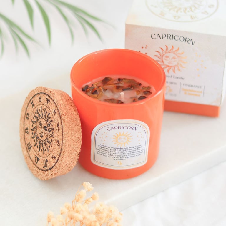 Capricorn Zodiac Candle - Sandalwood & Jasmine Fragrance with Tiger s Eye Gemstone
