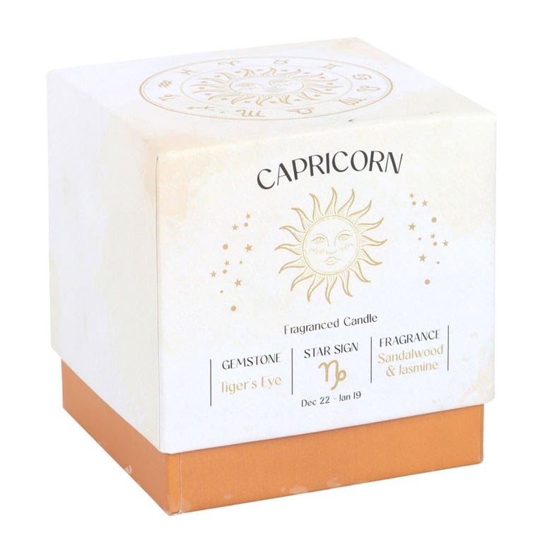 Capricorn Zodiac Candle - Sandalwood & Jasmine Fragrance with Tiger s Eye Gemstone