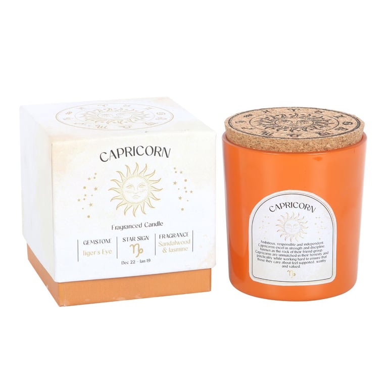 Capricorn Zodiac Candle - Sandalwood & Jasmine Fragrance with Tiger s Eye Gemstone