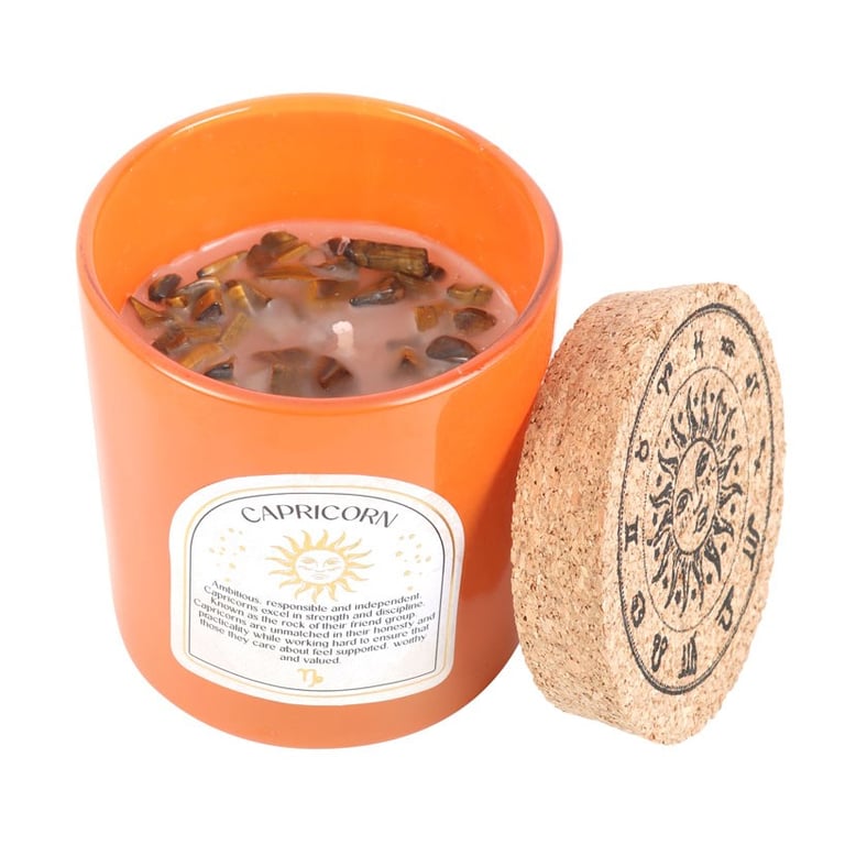 Capricorn Zodiac Candle - Sandalwood & Jasmine Fragrance with Tiger s Eye Gemstone