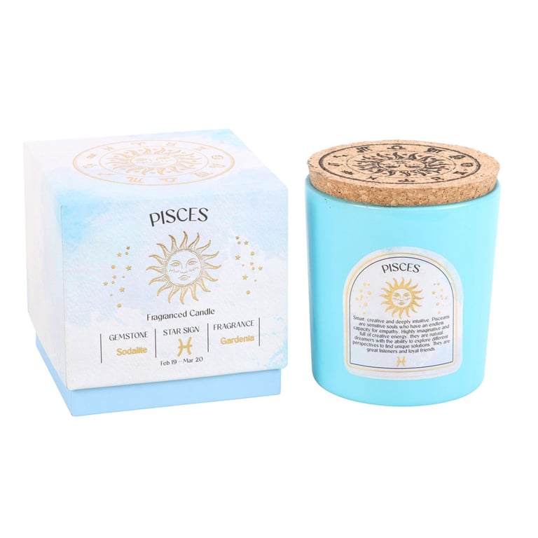 Pisces Gardenia Gemstone Zodiac Candle - Sodalite Enhanced Receptivity & Clarity