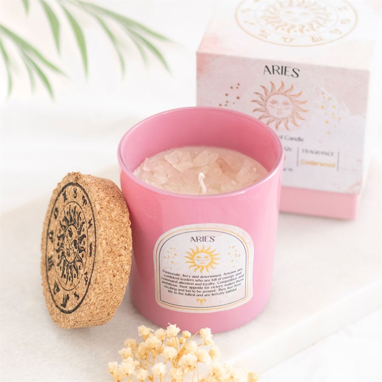 Aries Cedarwood Rose Quartz Zodiac Gemstone Candle - Amplify Positive Energy and Compassion
