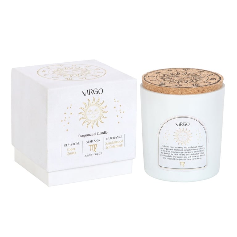 Virgo Zodiac Candle - Sandalwood & Patchouli, Clear Quartz Gemstone, 21hr Burn Time