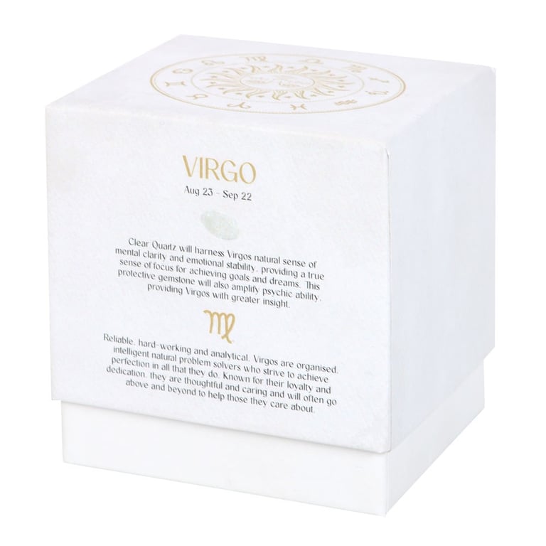 Virgo Zodiac Candle - Sandalwood & Patchouli, Clear Quartz Gemstone, 21hr Burn Time
