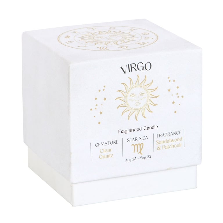 Virgo Zodiac Candle - Sandalwood & Patchouli, Clear Quartz Gemstone, 21hr Burn Time