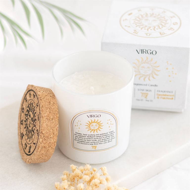 Virgo Zodiac Candle - Sandalwood & Patchouli, Clear Quartz Gemstone, 21hr Burn Time