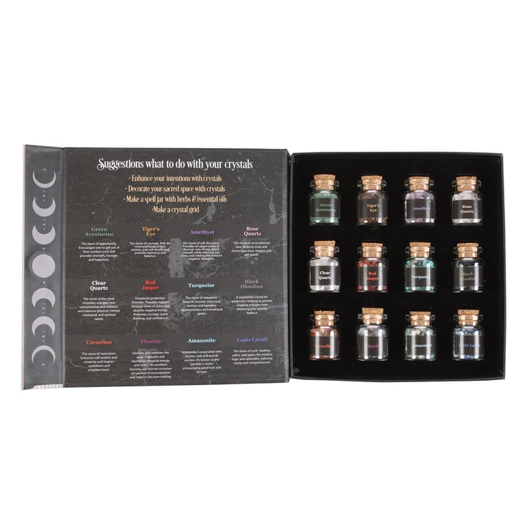 Crystals for Spells Gift Set - 12 Natural Crystal Chip Jars for Spellwork and Home Decor
