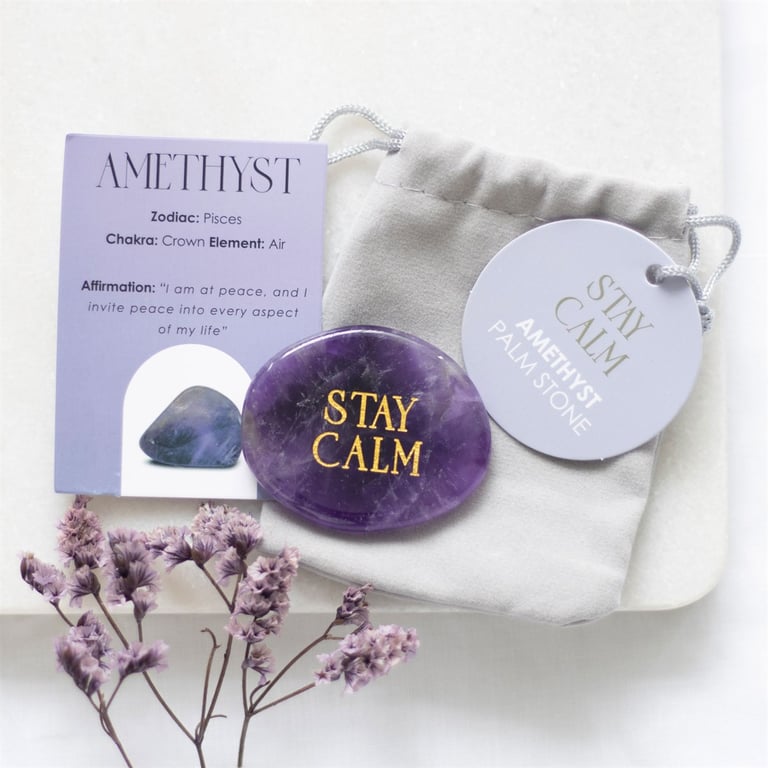 Stay Calm Amethyst Crystal Palm Stone - Healing Peaceful Energy and Clarity Gift