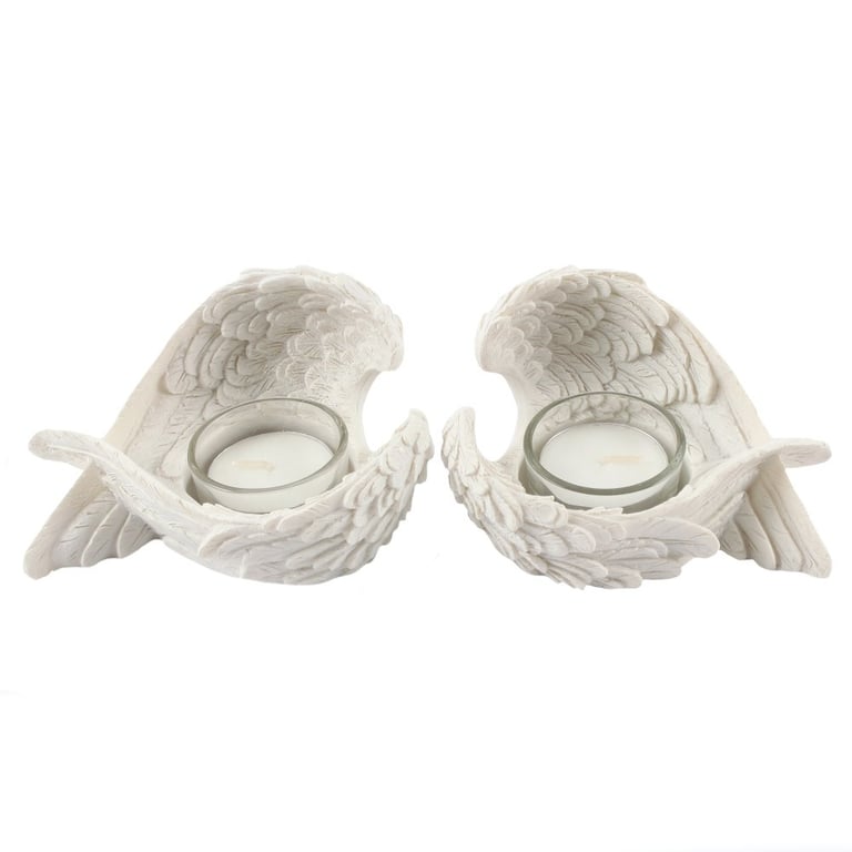 Angel Wing Tealight Holders - White Resin Home Decor Set of 2