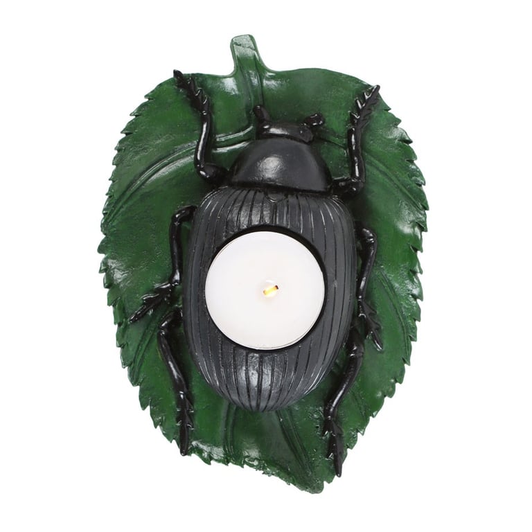 Beetle Tealight Holder - Resin Candle Stand with Green Leaf Design and Creepy Ambiance
